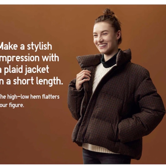 Uniqlo Women Check Patterned Down Puffer Jacket Coat Water Repellent Brown XL - Picture 3 of 13